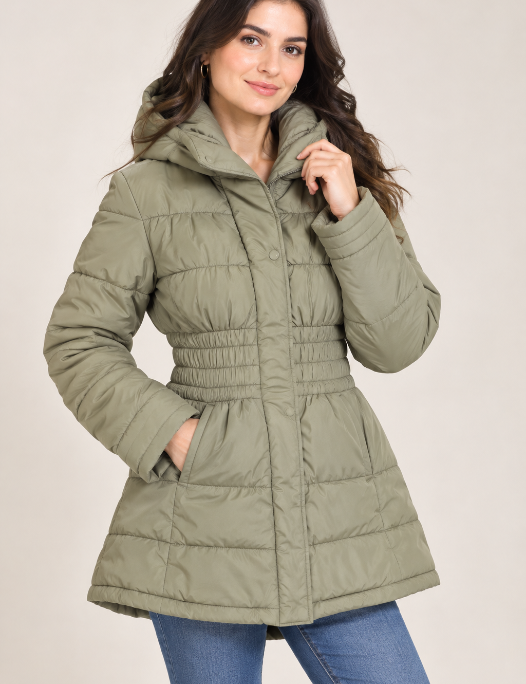   Only women’s olive green quilted puffer coat, UK size L. Warm hooded design, flattering waist, longline fit and practical pockets—ideal for winter.