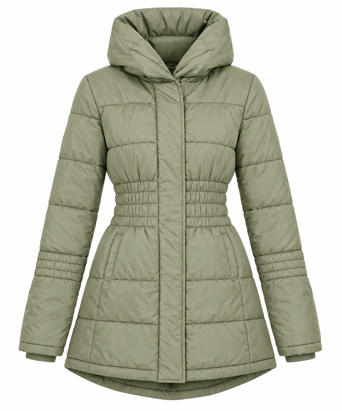   Only women’s olive green quilted puffer coat, UK size L. Warm hooded design, flattering waist, longline fit and practical pockets—ideal for winter.