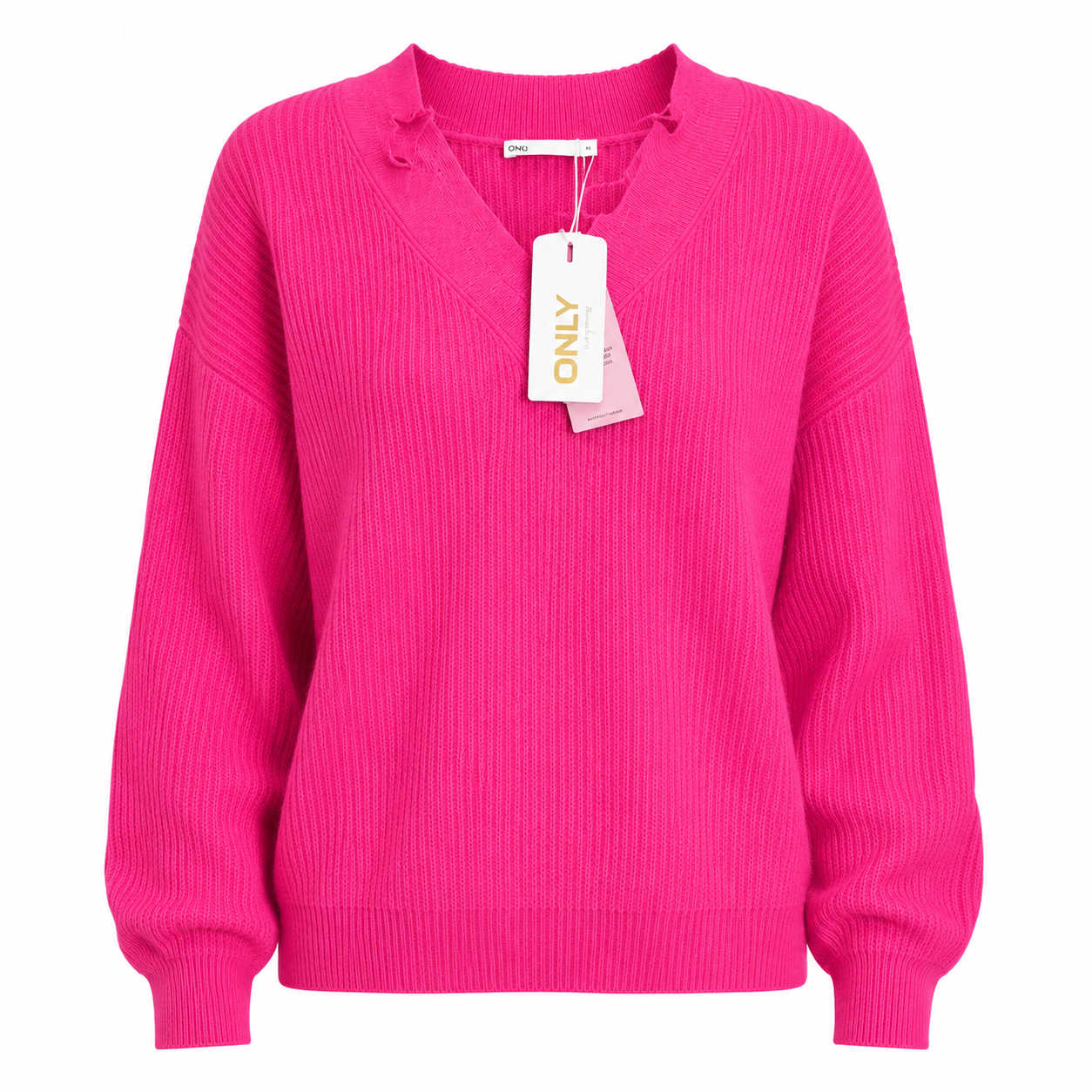 ONLY women’s pink ribbed knit V-neck sweater in UK Size S. Stylish long-sleeve jumper with a comfortable fit, vibrant colour and original tags.