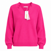 ONLY women’s pink ribbed knit V-neck sweater in UK Size S. Stylish long-sleeve jumper with a comfortable fit, vibrant colour and original tags.