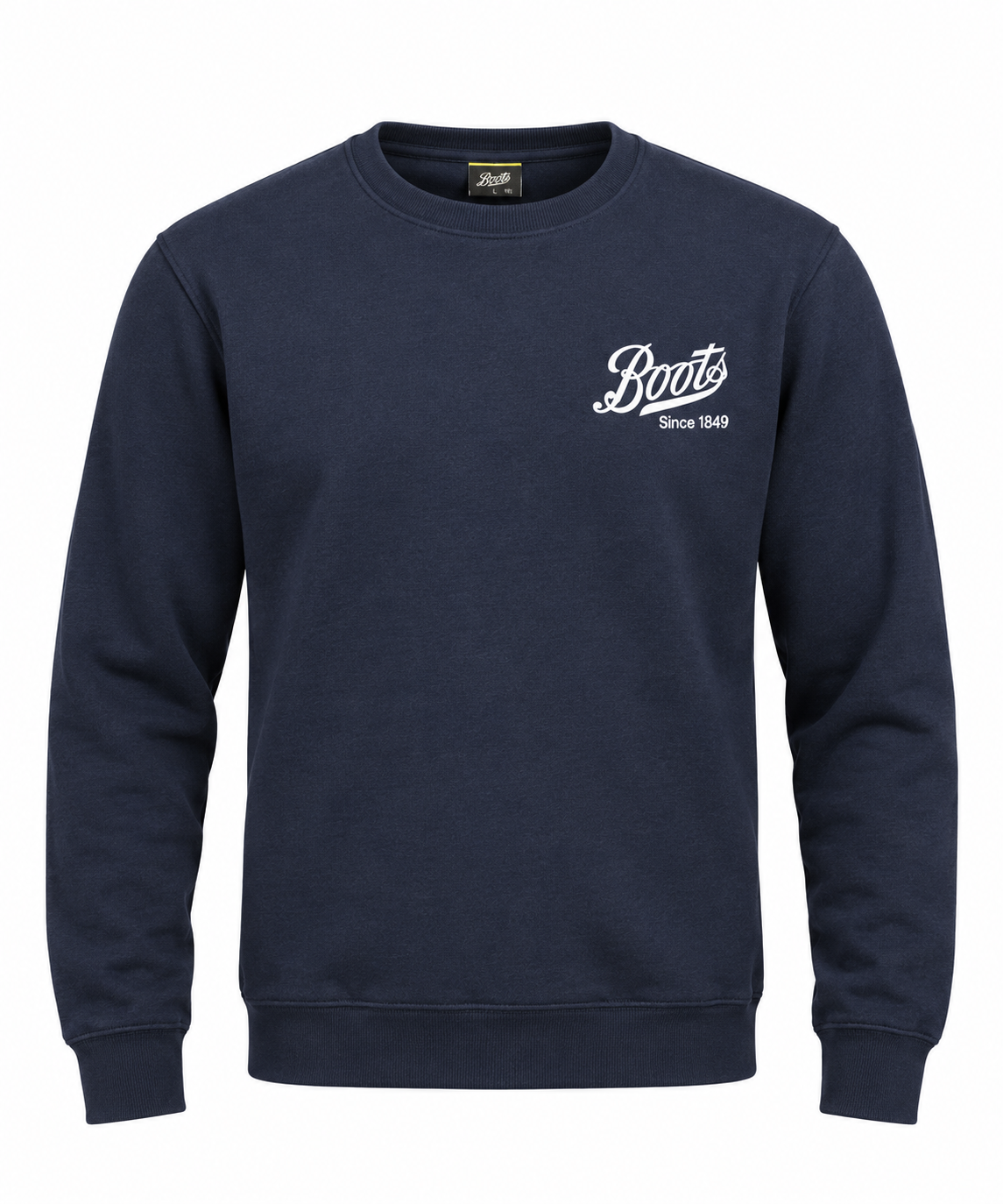  ORN men’s navy blue crew neck sweatshirt in UK size L. Classic long-sleeve design with ribbed cuffs and hem, ideal for casual everyday wear.