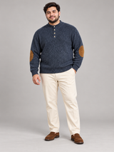 ORVIS Men Navy Button-Neck Knit Jumper with Elbow Patches