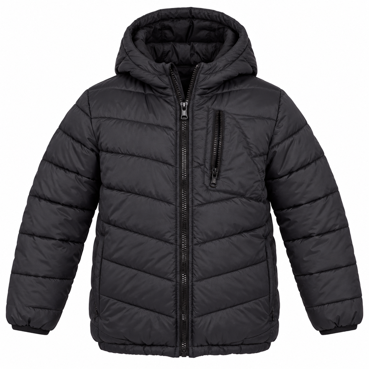  Outer Wear Boys Black Hooded Puffer Jacket in UK Size 6. Stylish quilted winter coat with attached hood, zip fastening and comfortable padded design.
