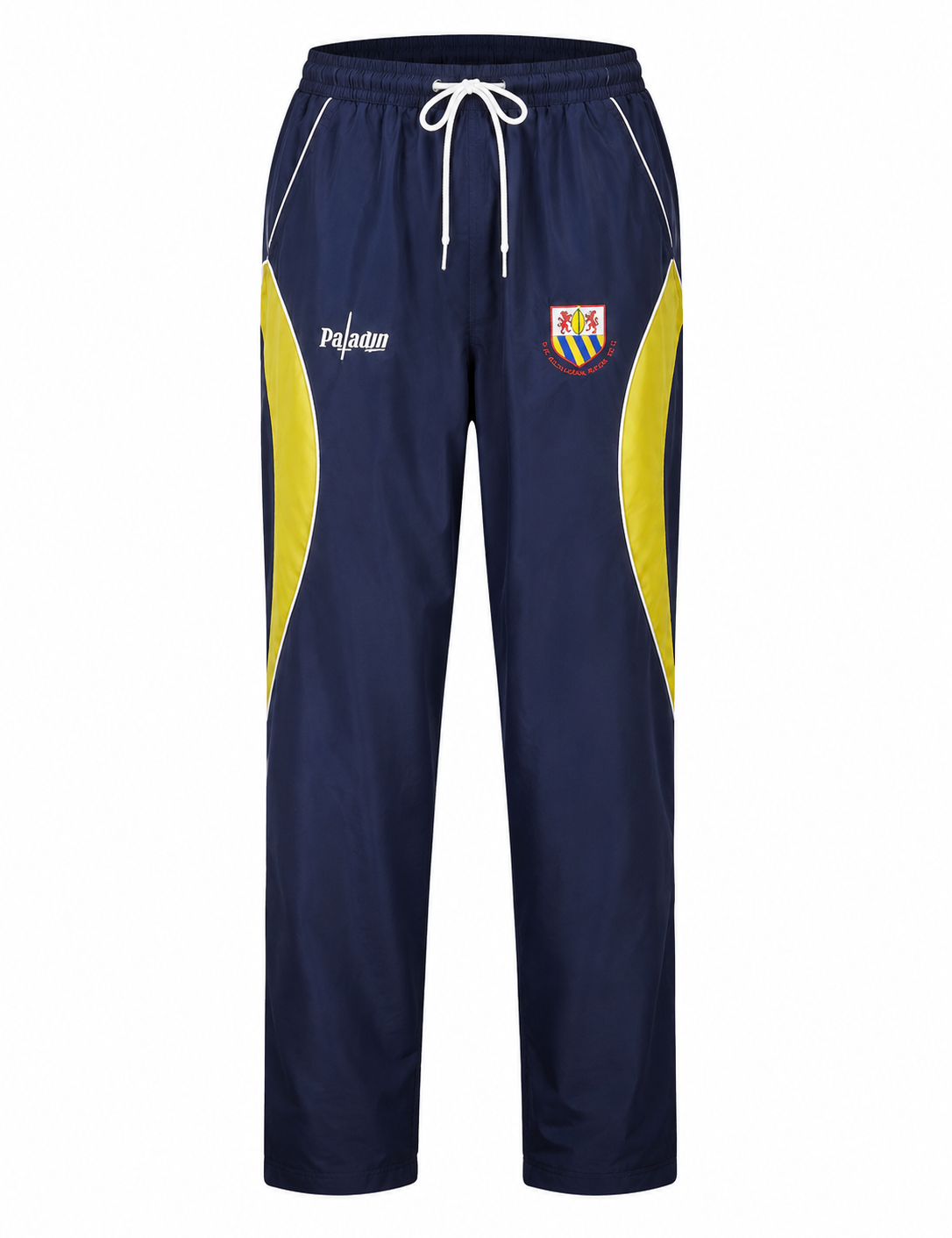  Paladin men’s navy blue and yellow track pants, UK size M, featuring an elasticated waist, drawstring and sporty side-panel design.