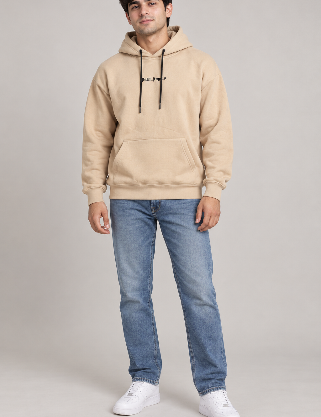  Palm Angels beige logo print hoodie in UK size XXL. Soft pullover hoodie with adjustable hood, black drawstrings, kangaroo pocket and relaxed fit.