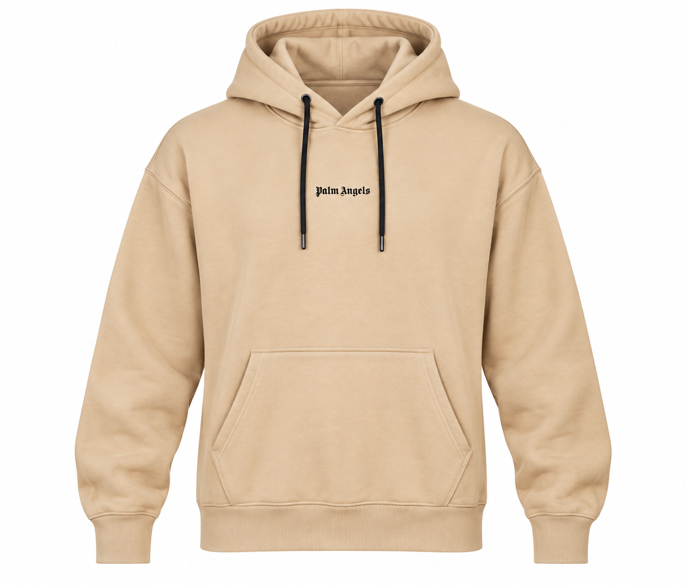  Palm Angels beige logo print hoodie in UK size XXL. Soft pullover hoodie with adjustable hood, black drawstrings, kangaroo pocket and relaxed fit.