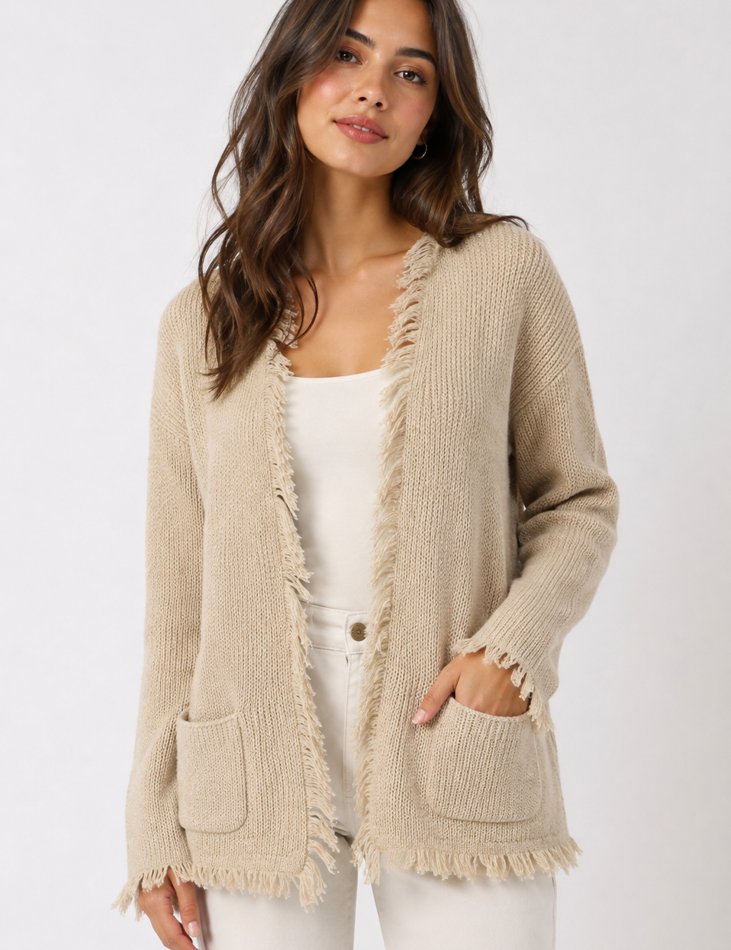 PAPAYA beige fringed knit cardigan in UK Size 16. Stylish open-front design with textured knit, long sleeves, fringe detailing and two front pockets.