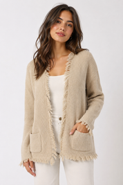 PAPAYA beige fringed knit cardigan in UK Size 16. Stylish open-front design with textured knit, long sleeves, fringe detailing and two front pockets.
