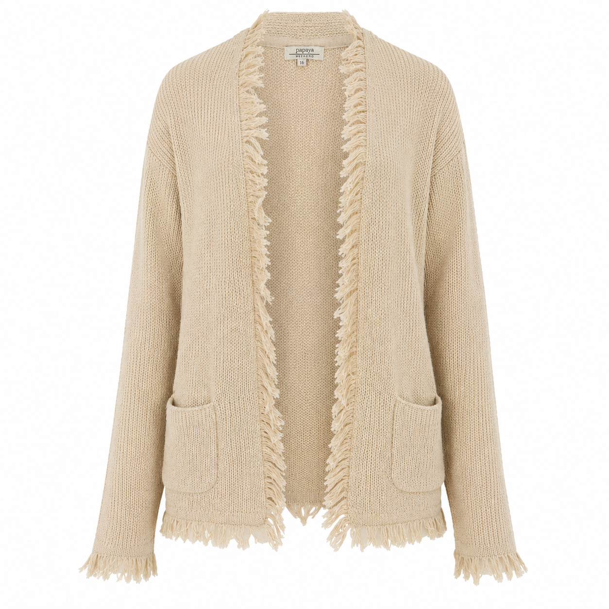 PAPAYA beige fringed knit cardigan in UK Size 16. Stylish open-front design with textured knit, long sleeves, fringe detailing and two front pockets.