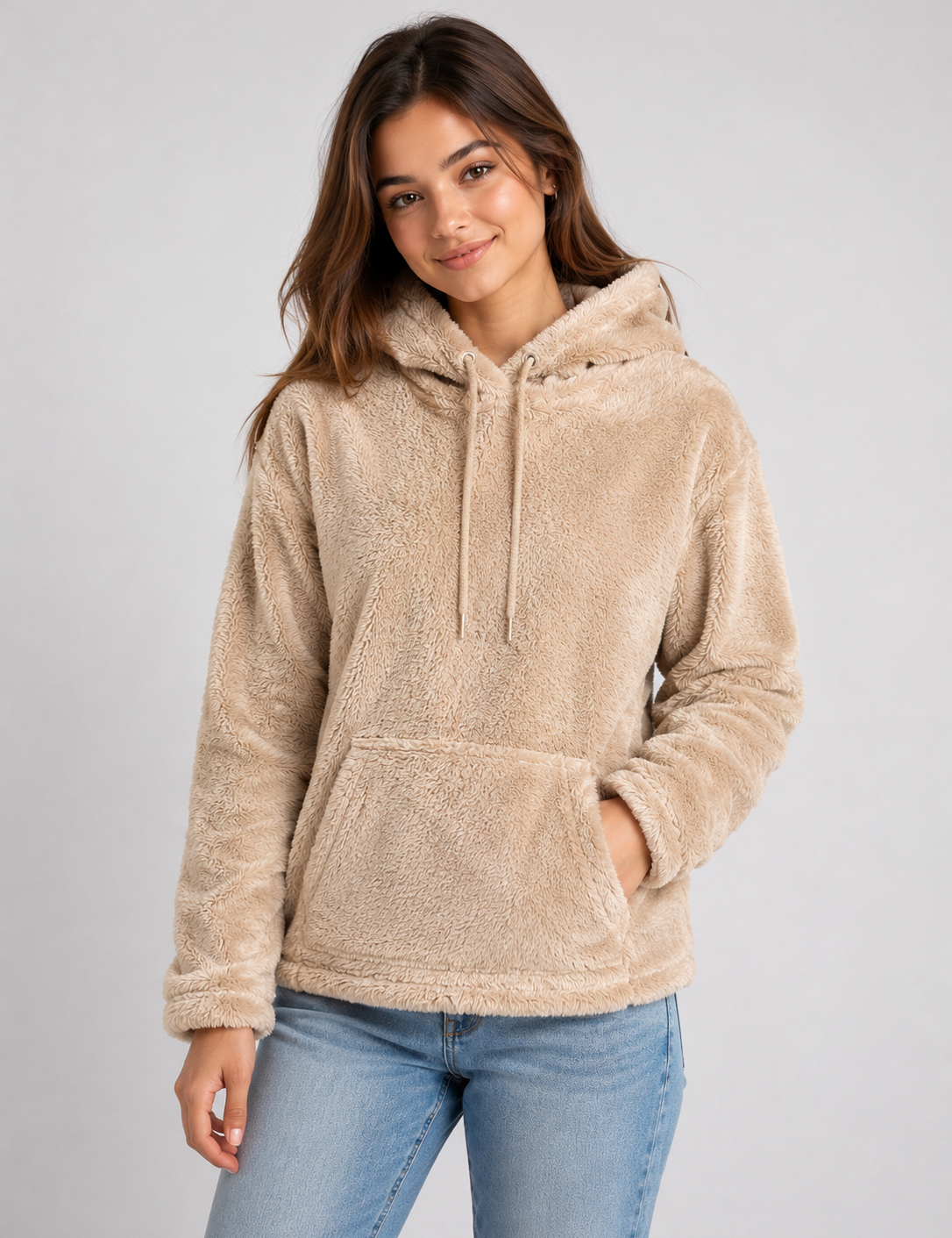PAPAYA beige sherpa fleece hoodie in UK Size S. Soft, cosy and stylish women’s hooded pullover with kangaroo pocket, perfect for casual autumn and winter outfits.