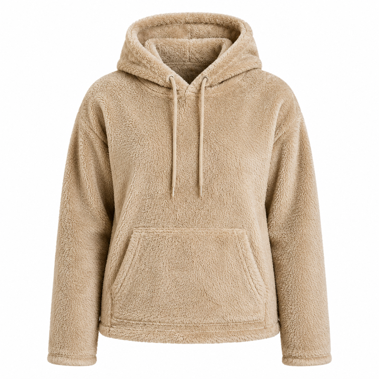 PAPAYA beige sherpa fleece hoodie in UK Size S. Soft, cosy and stylish women’s hooded pullover with kangaroo pocket, perfect for casual autumn and winter outfits.