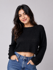 PAPAYA Black Crochet Crop Top in UK Size XL. Stylish long-sleeve design with textured openwork detailing and scalloped trim, perfect for fashionable casual outfits.