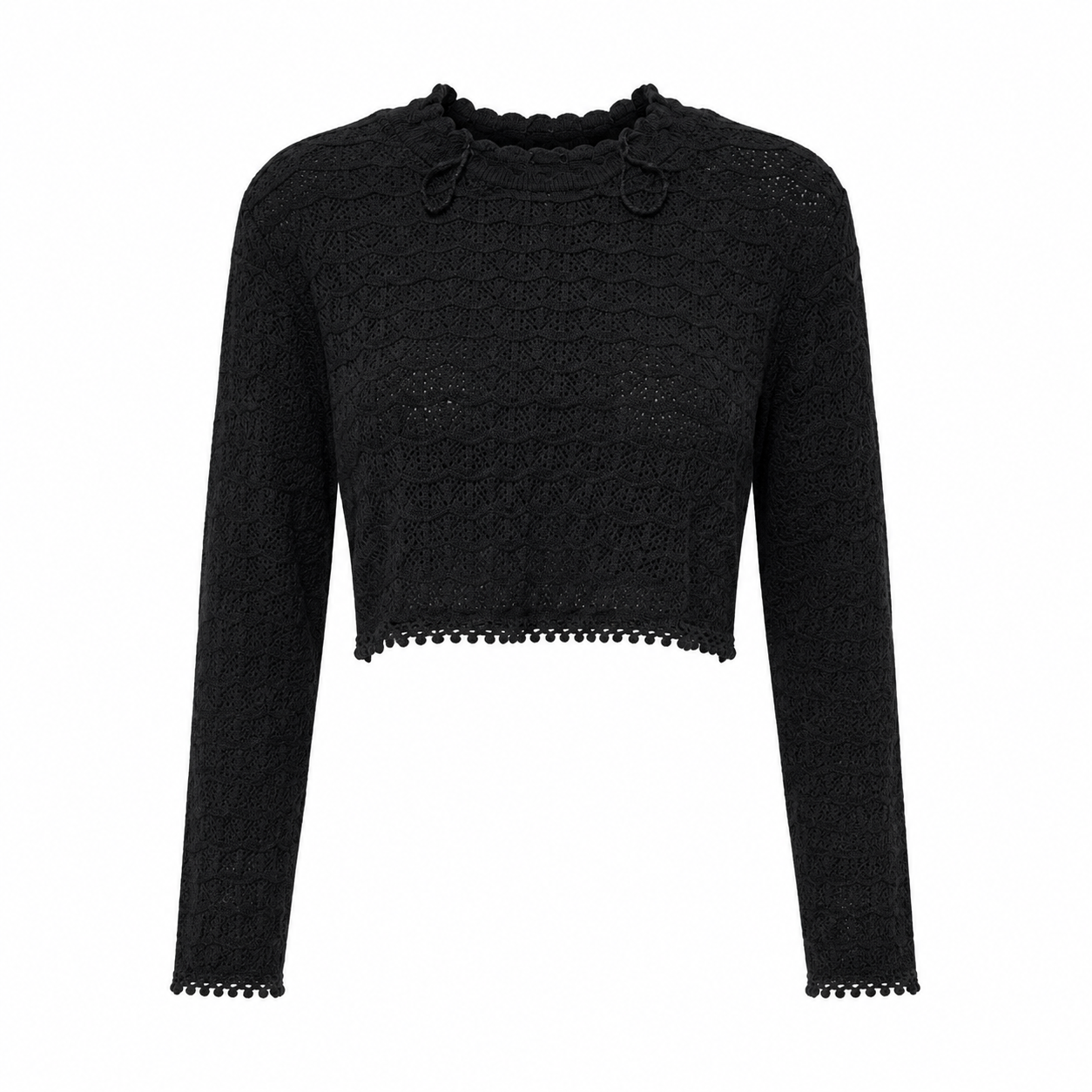 PAPAYA Black Crochet Crop Top in UK Size XL. Stylish long-sleeve design with textured openwork detailing and scalloped trim, perfect for fashionable casual outfits.