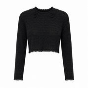 PAPAYA Black Crochet Crop Top in UK Size XL. Stylish long-sleeve design with textured openwork detailing and scalloped trim, perfect for fashionable casual outfits.
