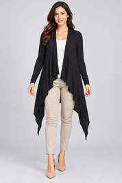   Papaya black waterfall cardigan in UK size 18. Long sleeves, an open front and an asymmetric hem make it ideal for everyday layering.