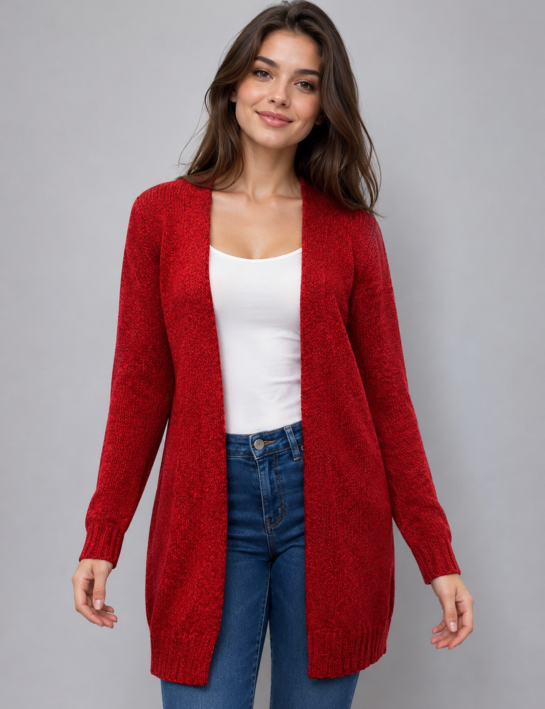  Papaya Red Knit Longline Cardigan in UK Size S. Stylish textured knit, open-front design and long sleeves, perfect for casual and smart-casual outfits.