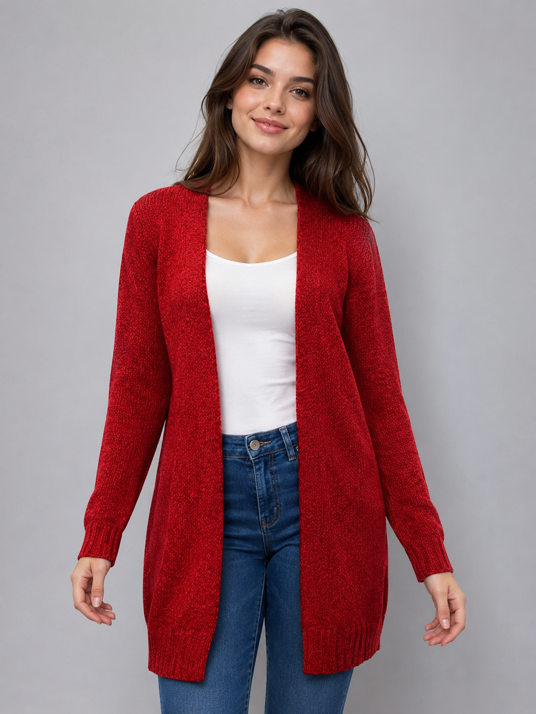  Papaya Red Knit Longline Cardigan in UK Size S. Stylish textured knit, open-front design and long sleeves, perfect for casual and smart-casual outfits.