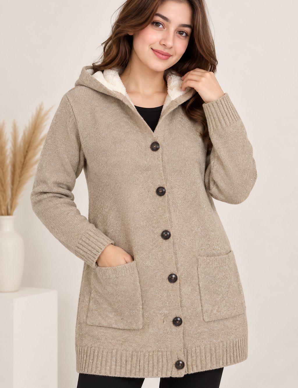 PAPAYA women’s beige hooded long knit cardigan in UK Size M, featuring a cosy sherpa-style lined hood, button front and patch pockets.