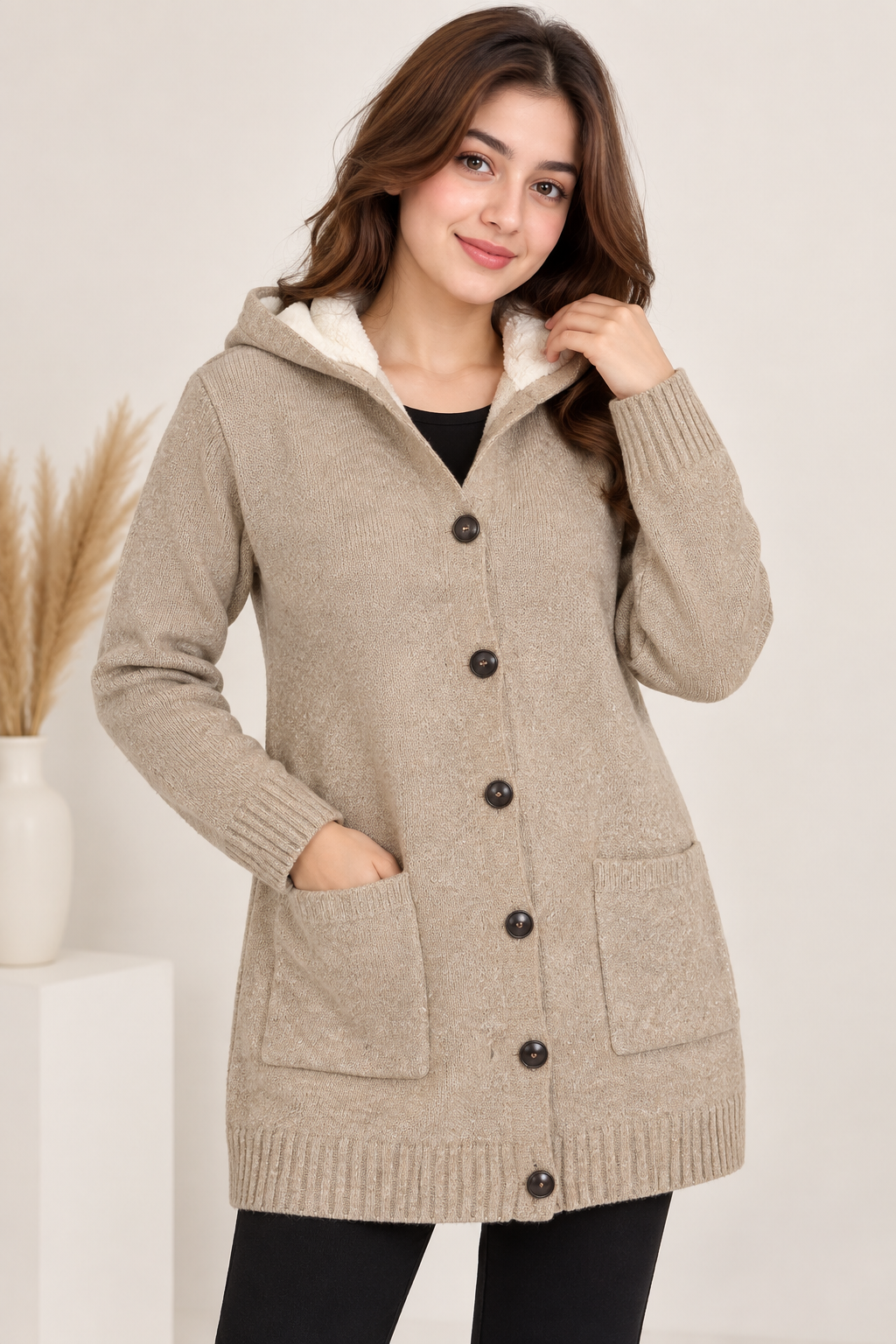 PAPAYA women’s beige hooded long knit cardigan in UK Size M, featuring a cosy sherpa-style lined hood, button front and patch pockets.
