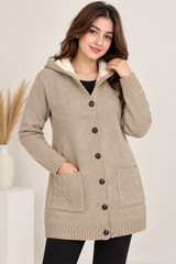 PAPAYA Women Beige Hooded Long Knit Cardigan