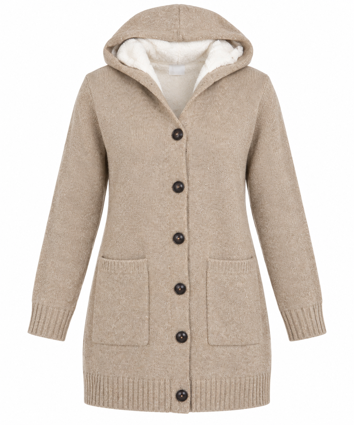PAPAYA women’s beige hooded long knit cardigan in UK Size M, featuring a cosy sherpa-style lined hood, button front and patch pockets.
