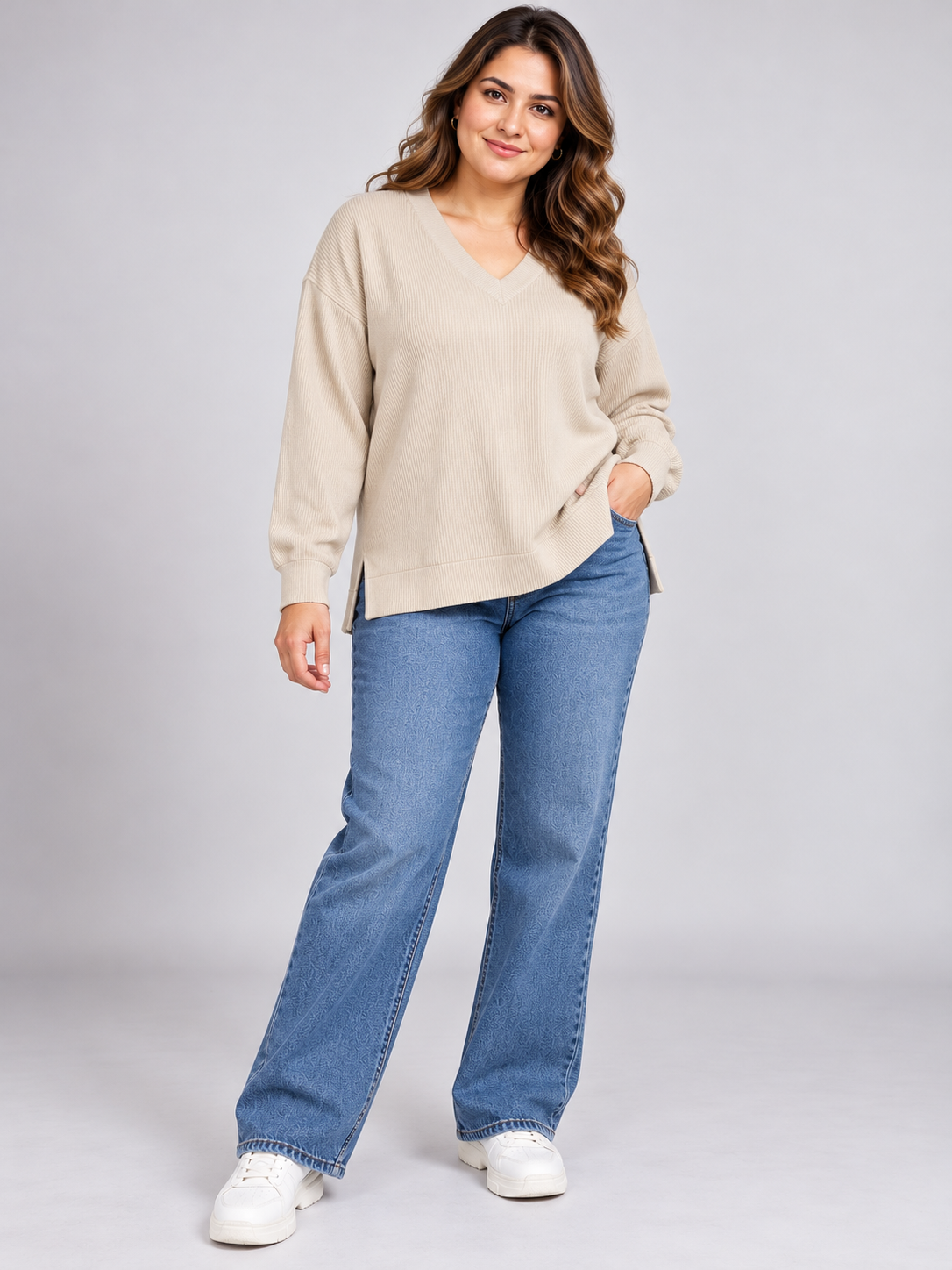 Papaya Women's Beige Ribbed V-Neck Jumper in UK XL. Featuring long sleeves, relaxed fit and two short side slits. Stylish everyday knitwear.