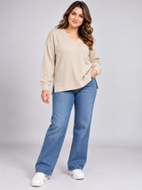 Papaya Women Beige Ribbed V-Neck Jumper