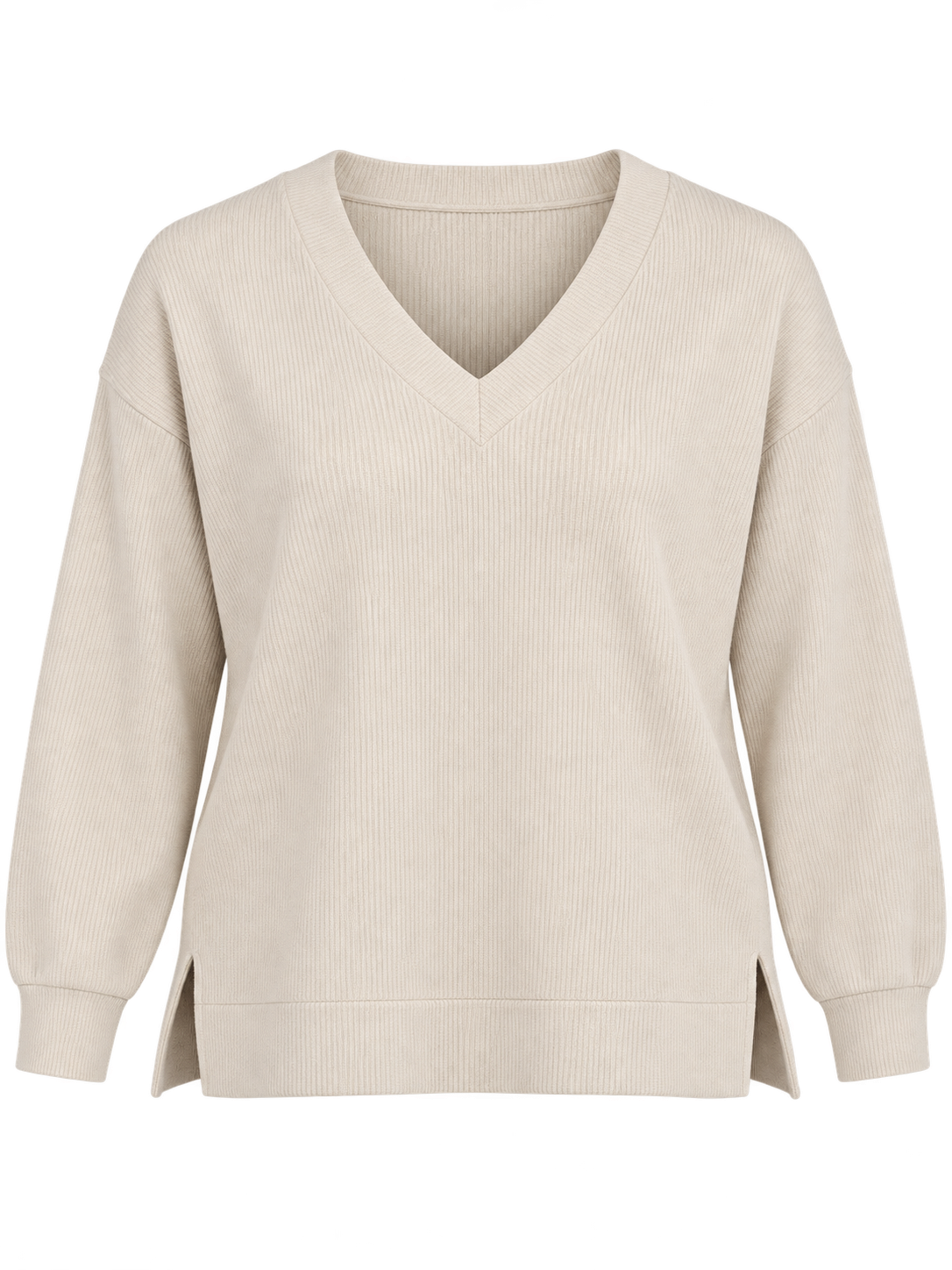 Papaya Women's Beige Ribbed V-Neck Jumper in UK XL. Featuring long sleeves, relaxed fit and two short side slits. Stylish everyday knitwear.