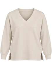 Papaya Women's Beige Ribbed V-Neck Jumper in UK XL. Featuring long sleeves, relaxed fit and two short side slits. Stylish everyday knitwear.