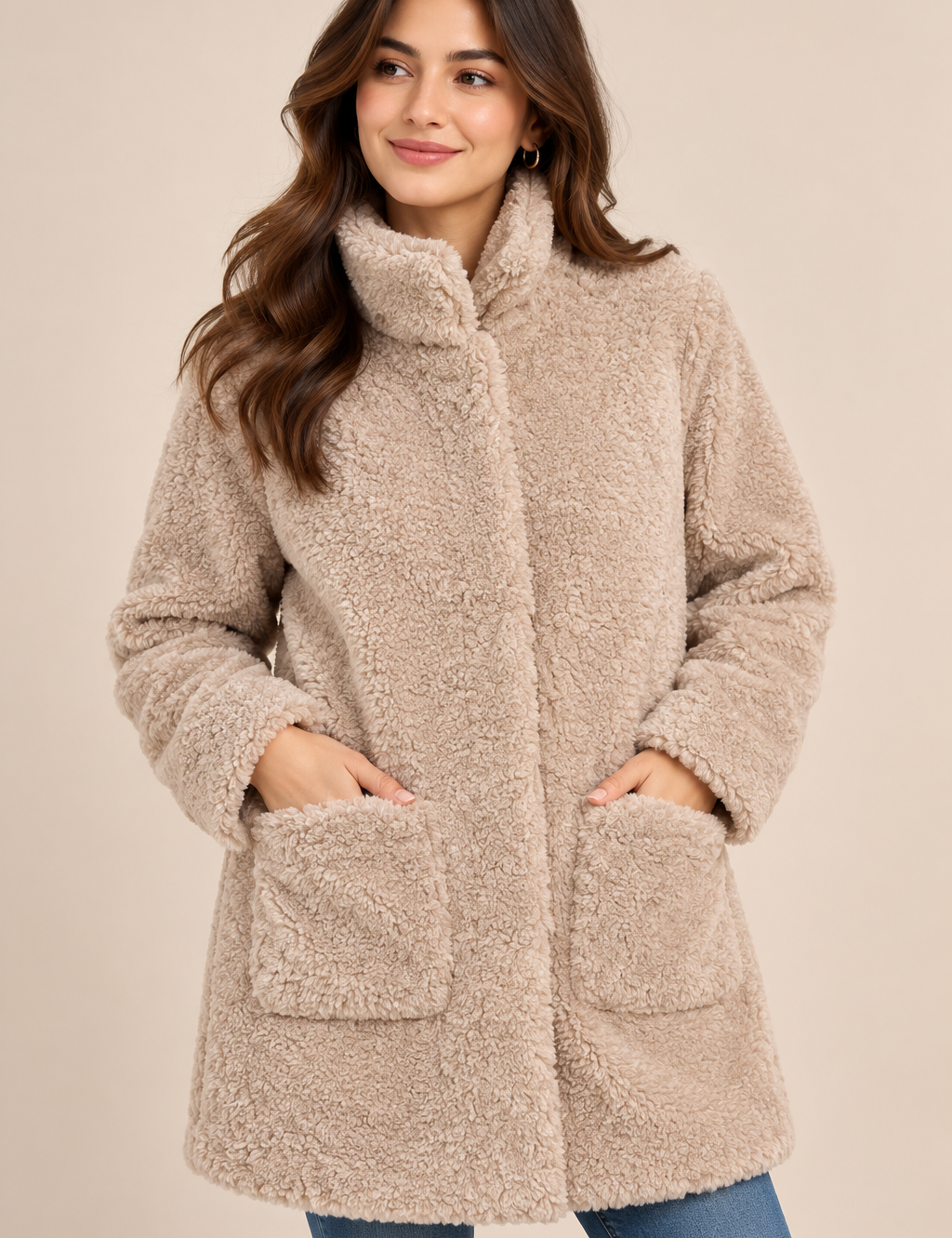  Papaya Women’s Beige Teddy Fleece Long Coat in UK Size 20. Soft, cosy and stylish with a high collar and front pockets—ideal for winter wear.