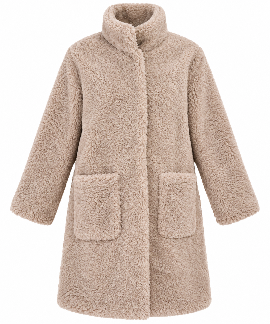  Papaya Women’s Beige Teddy Fleece Long Coat in UK Size 20. Soft, cosy and stylish with a high collar and front pockets—ideal for winter wear.