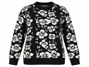PAPAYA women’s black and white floral knit jumper in UK Size S. Stylish crew-neck design with long sleeves and ribbed trims, ideal for everyday wear.