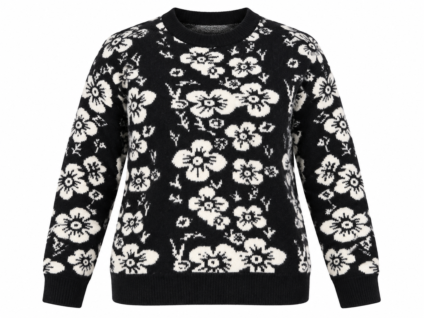 PAPAYA women’s black and white floral knit jumper in UK Size S. Stylish crew-neck design with long sleeves and ribbed trims, ideal for everyday wear.