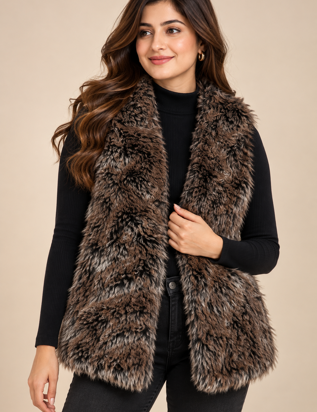 PAPAYA women’s brown faux fur gilet in UK Size XL. Soft shaggy texture, sleeveless open-front design and cosy styling for autumn and winter.