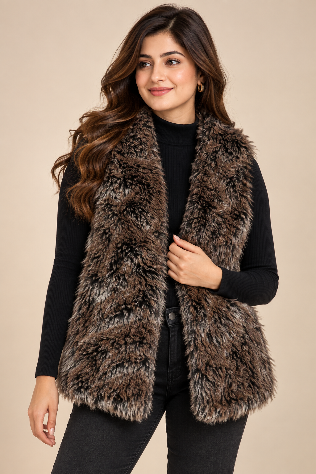 PAPAYA women’s brown faux fur gilet in UK Size XL. Soft shaggy texture, sleeveless open-front design and cosy styling for autumn and winter.