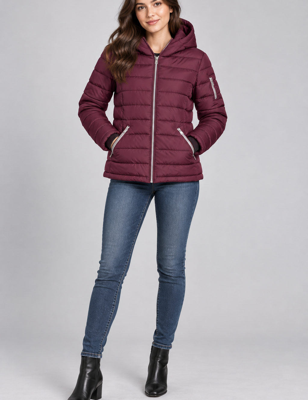  Papaya women’s burgundy hooded puffer jacket in UK size 16. Quilted, warm, stylish and perfect for everyday winter layering.