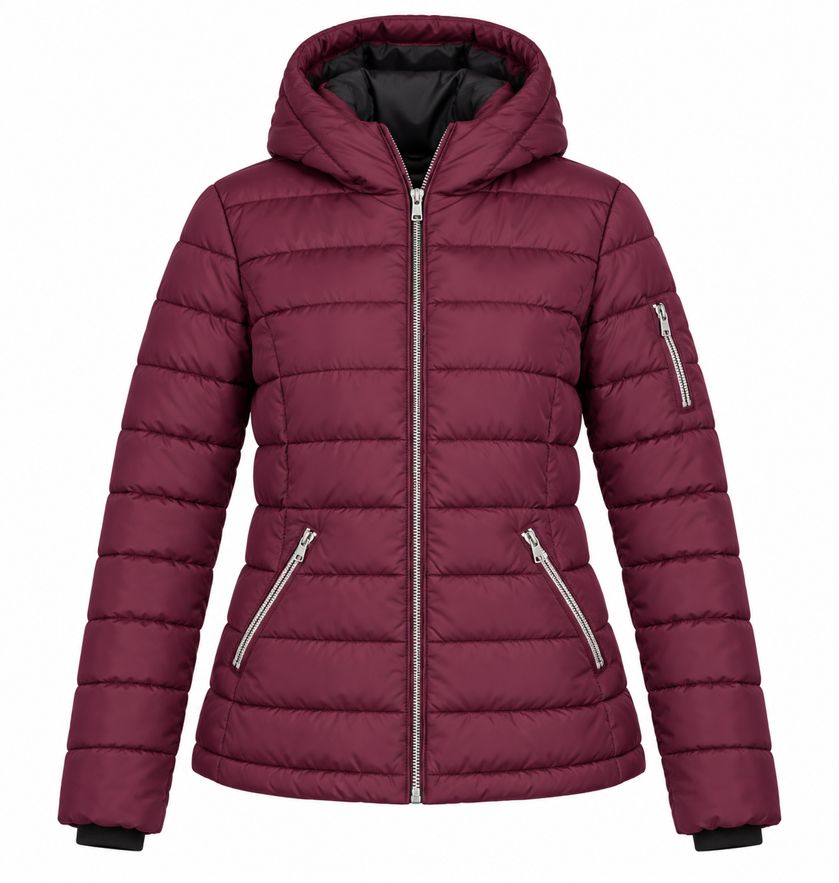  Papaya women’s burgundy hooded puffer jacket in UK size 16. Quilted, warm, stylish and perfect for everyday winter layering.