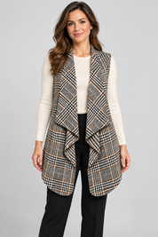   Papaya women’s checked sleeveless cardigan in UK size S, featuring an open waterfall front, triangular draped layers and a rounded hem.