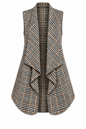   Papaya women’s checked sleeveless cardigan in UK size S, featuring an open waterfall front, triangular draped layers and a rounded hem.