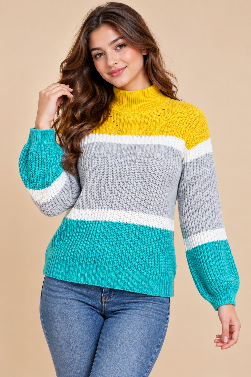  PAPAYA Women's Colour Block Knitted Jumper in UK Size S. Stylish mustard, grey, white and teal high-neck sweater, perfect for autumn and winter.
