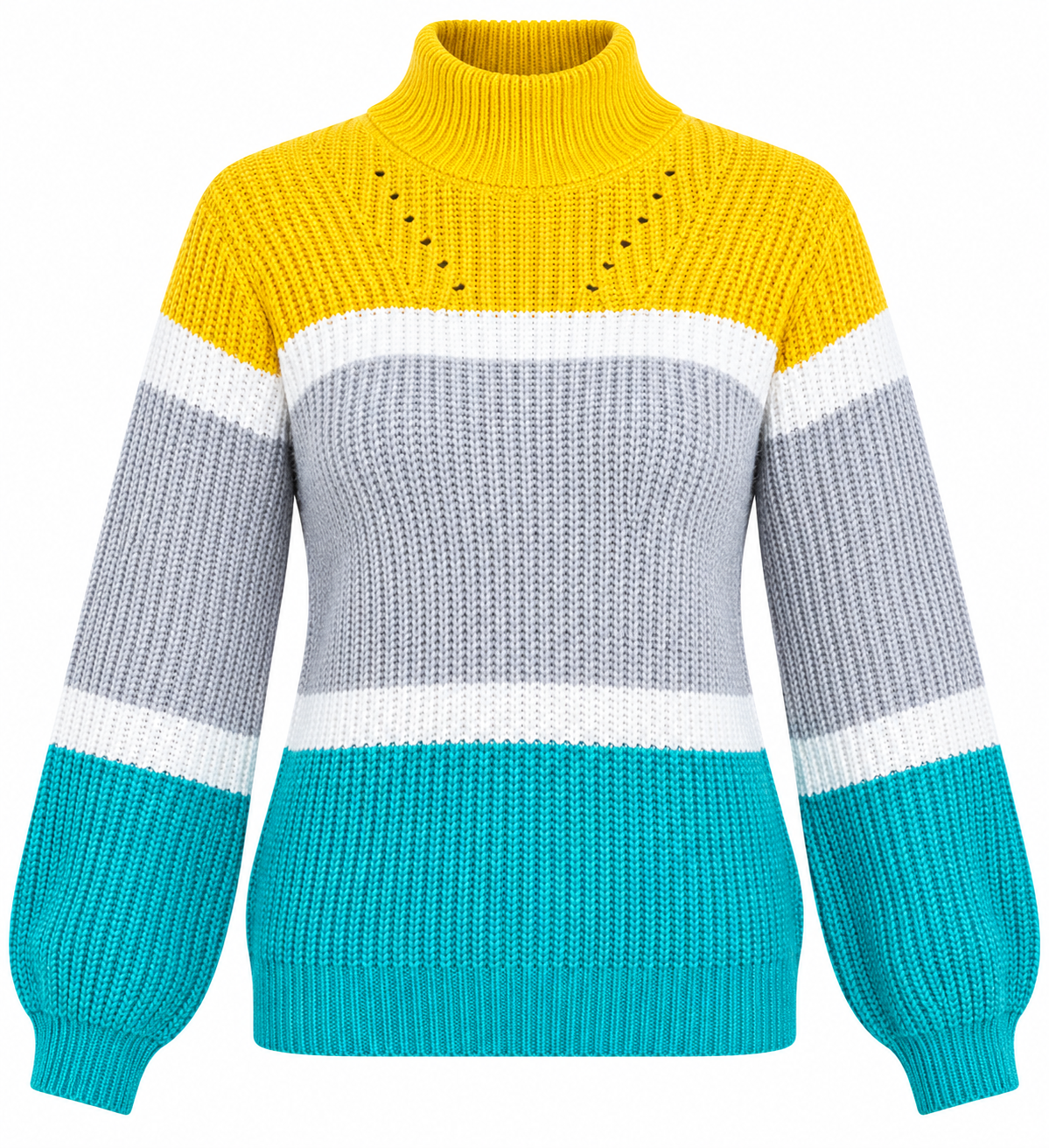  PAPAYA Women's Colour Block Knitted Jumper in UK Size S. Stylish mustard, grey, white and teal high-neck sweater, perfect for autumn and winter.