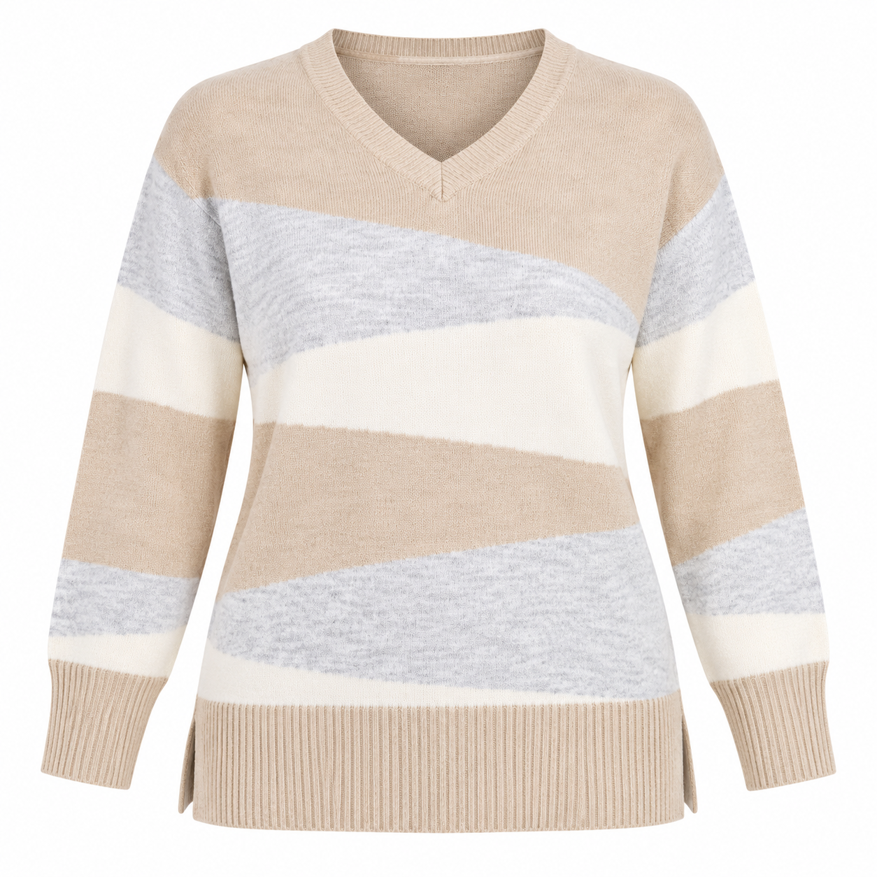 PAPAYA women’s V-neck colour block knitted jumper in UK Size 2XL. Stylish beige, cream and grey design with long sleeves and ribbed trims.