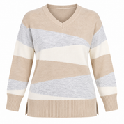 PAPAYA women’s V-neck colour block knitted jumper in UK Size 2XL. Stylish beige, cream and grey design with long sleeves and ribbed trims.