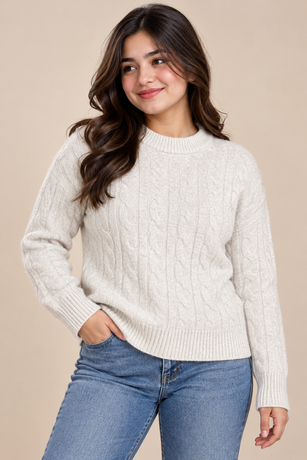  PAPAYA Women's Cream Cable Knit Jumper in UK XXL. Stylish crew neck sweater with long sleeves, textured knit design and comfortable relaxed fit.