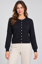   PAPAYA women’s dark navy textured cardigan in UK size 22, featuring white buttons, a round neck and long sleeves for everyday layering.