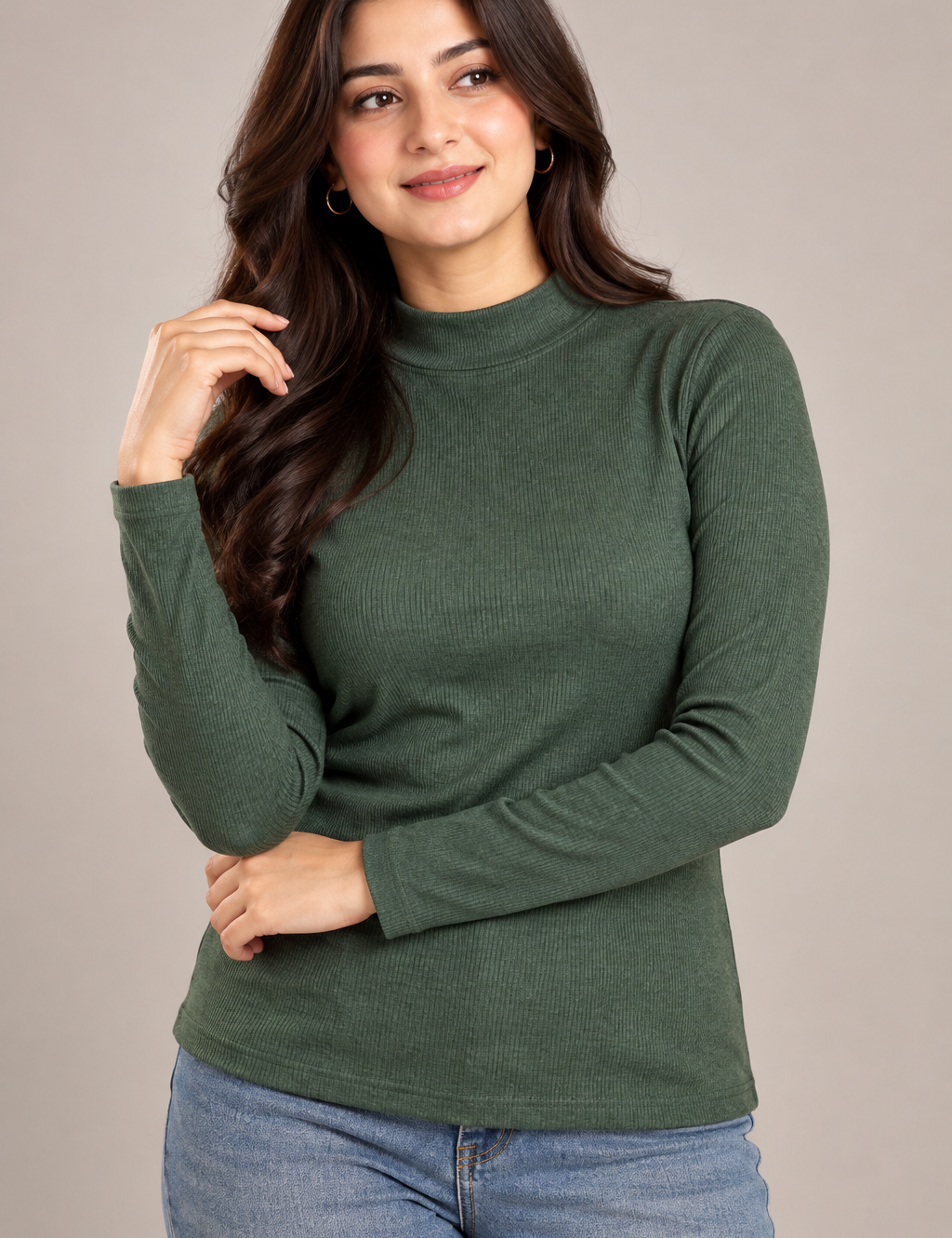  Papaya women’s forest green ribbed mock neck long sleeve top in UK Size 16. A stylish, versatile piece for casual, office and winter wear.