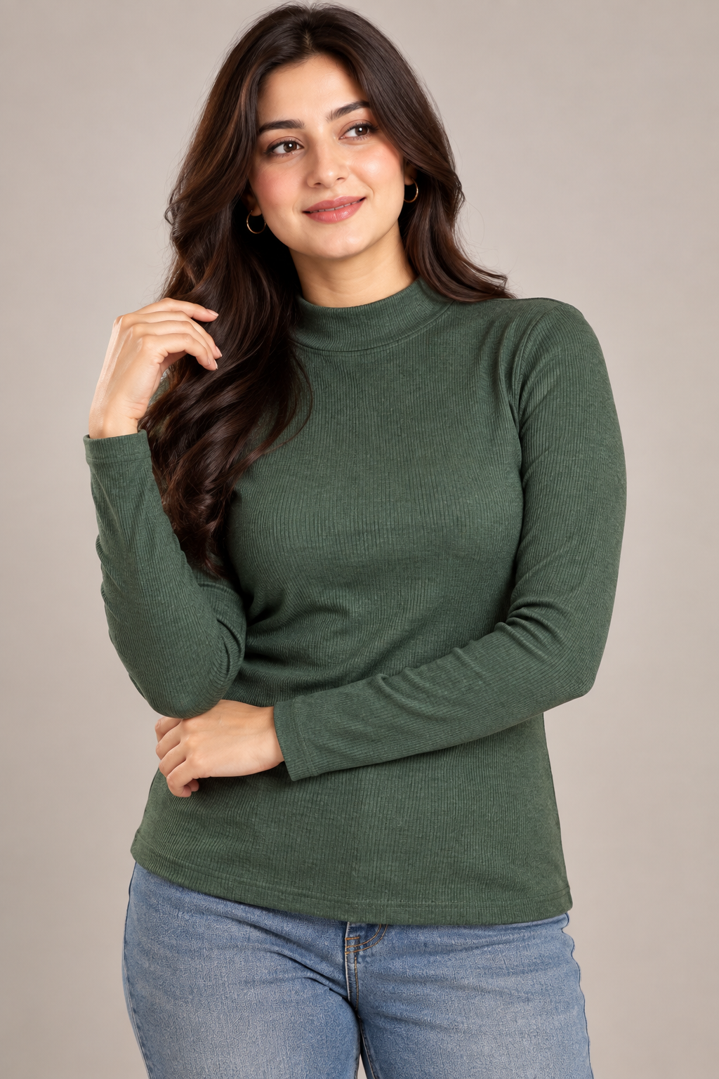  Papaya women’s forest green ribbed mock neck long sleeve top in UK Size 16. A stylish, versatile piece for casual, office and winter wear.