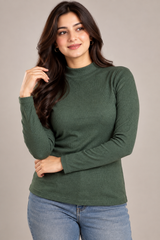 Papaya Women Forest Green Ribbed Mock Neck Long Sleeve Top