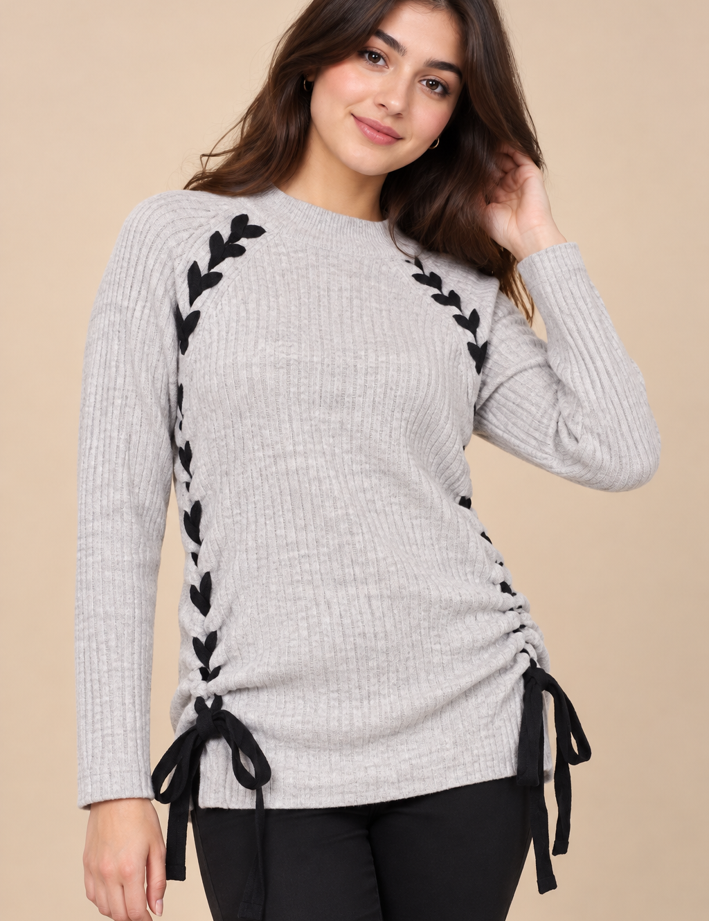 PAPAYA women’s grey ribbed jumper in UK Size M featuring black leaf detailing, long sleeves and stylish adjustable ruched side ties.