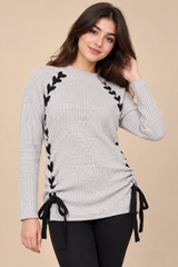 PAPAYA Women Grey Ribbed Long Sleeve Jumper with Black Leaf Detail & Side Tie Design